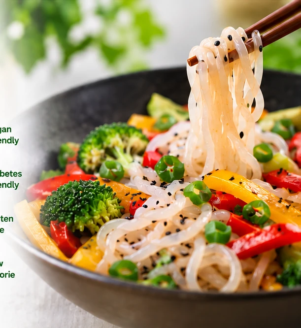 Shirataki noodles with colourful vegetables being lifted with chopsticks