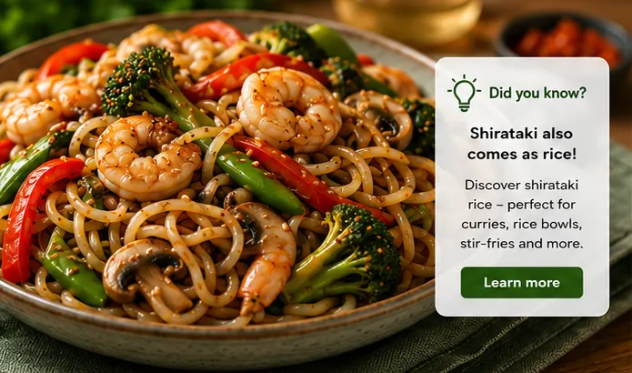 Shirataki noodles with prawns and colourful vegetables, with a note about shirataki rice