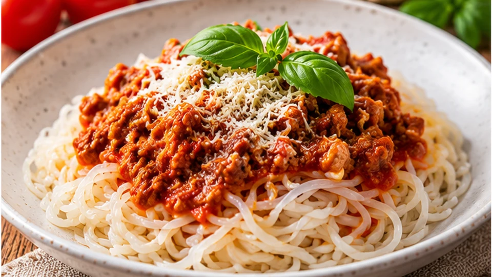 Shirataki noodles served with a tomato-based pasta sauce